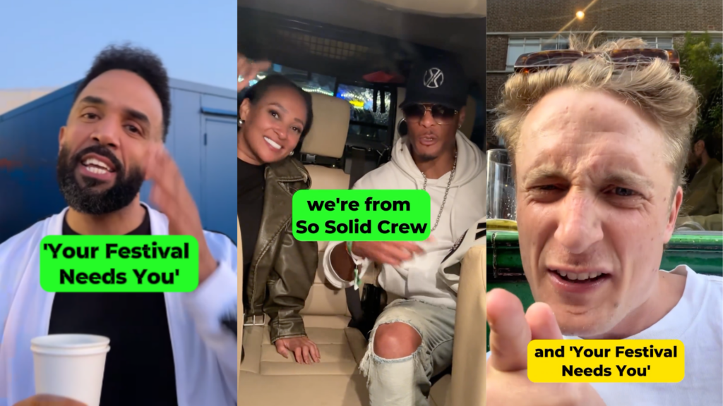 From left to right: Craig David, So Solid Crew and Save our Scene founder George Fleming, supporting The Fair's 'Your Festival Needs You' campaign with individual videos