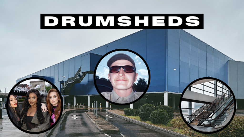 Image of Drumsheds, London's latest club in old blue IKEA building, with three separate cirlce insets: Sugababes, The Fair's Production Coordinator Nick D and an escalator / travelator inside the club