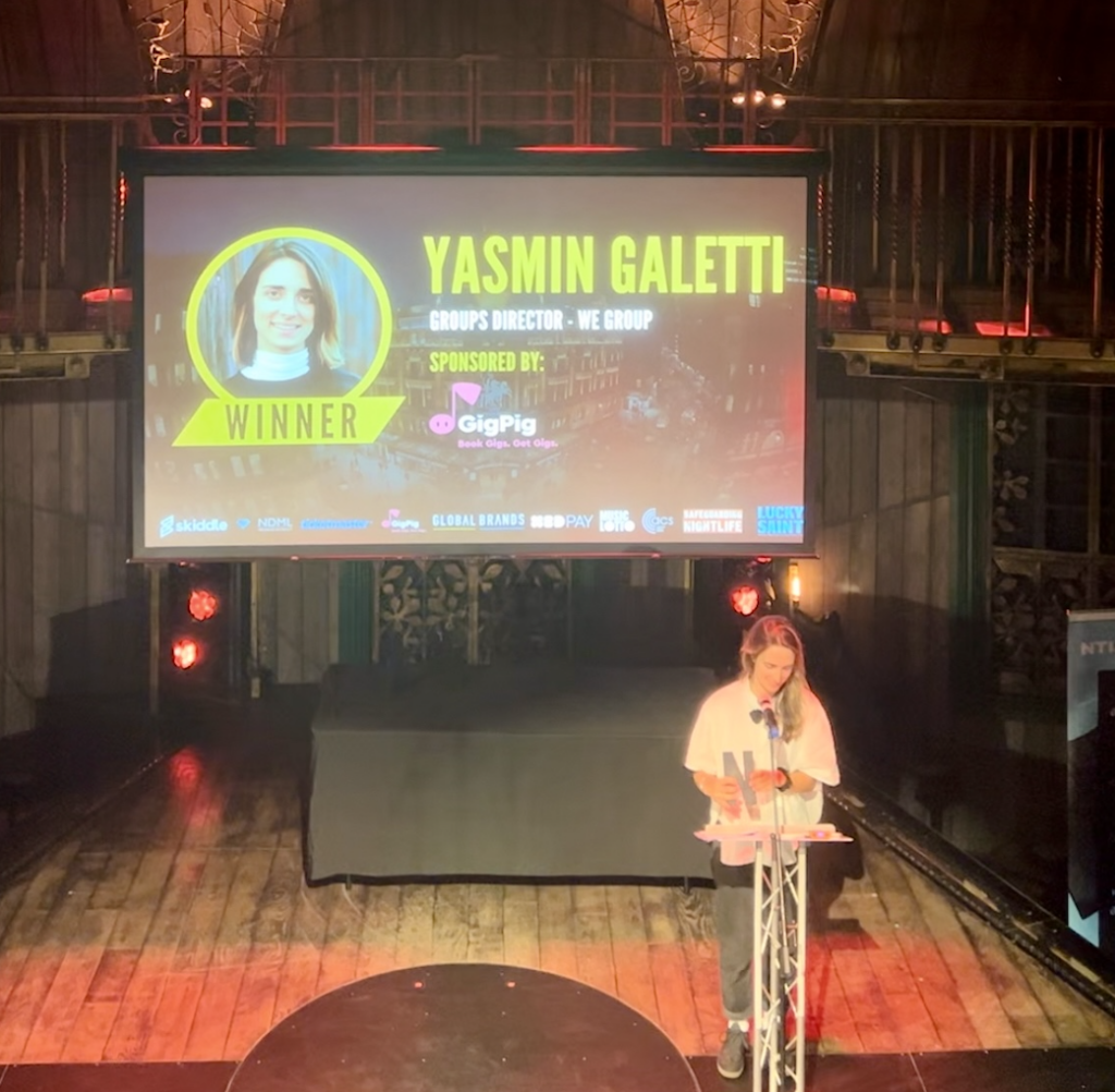 Yas accepting her Ambassadors of the Night Award on stage at the Hippodrome Casino in Leicester Square, Central London