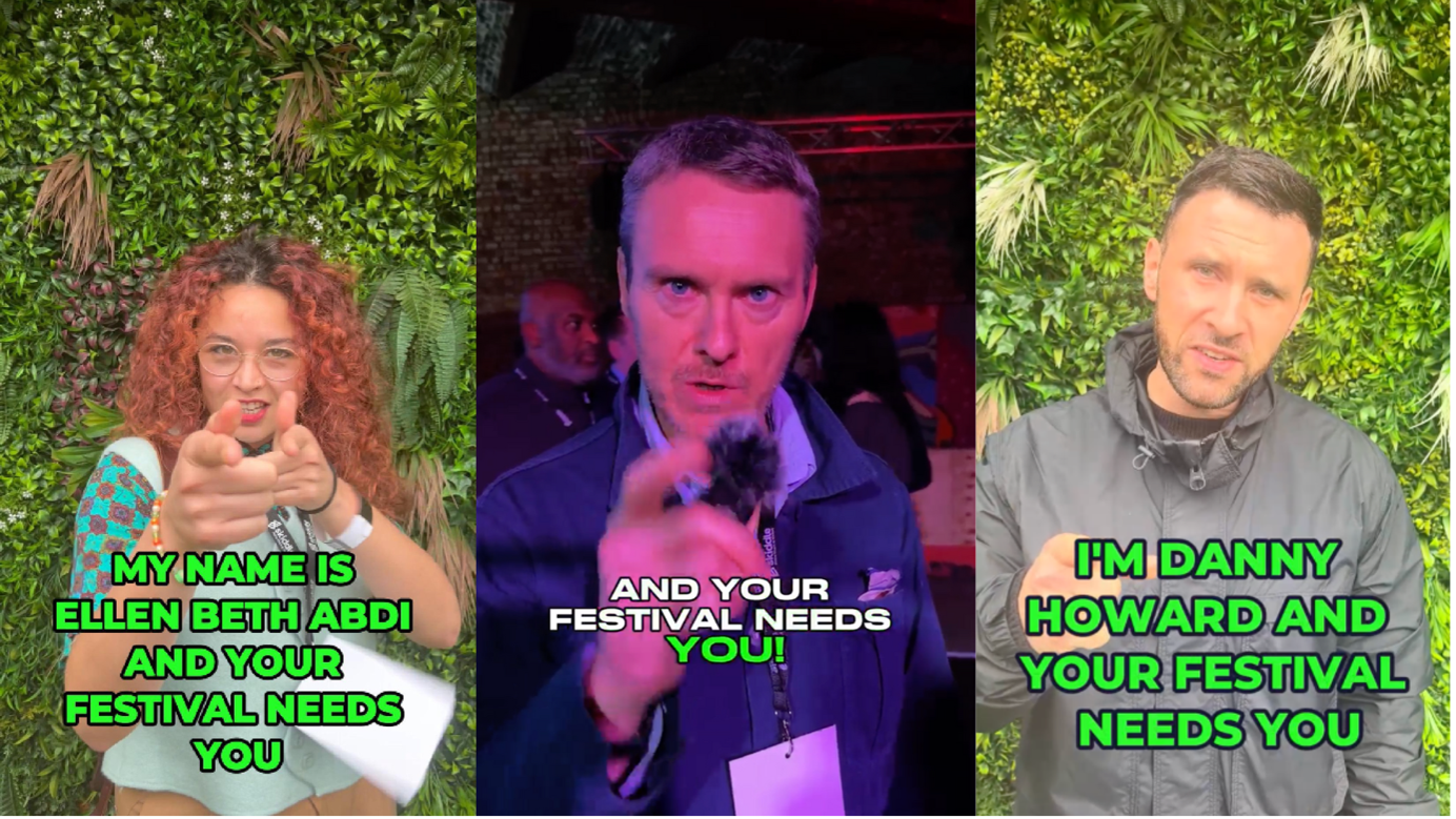 L to R: Musician Ellen Beth Abdi, We Group director Rob Dudley, and Radio 1 presenter and DJ Danny Howard, point at the camera in different videos, supporting the 'Your Festival Needs You' campaign